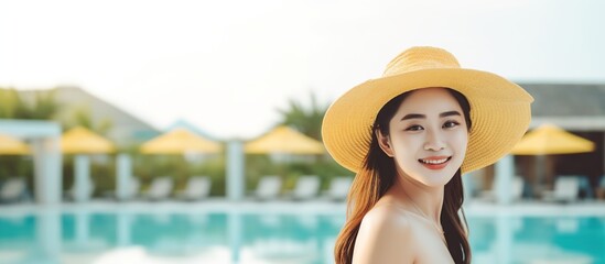 Wall Mural - Woman in a Yellow Hat by the Pool