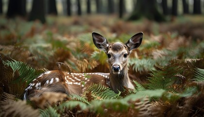 Wall Mural - Serene male fallow deer resting among lush ferns in a tranquil woodland setting