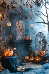 Sticker - Spooky halloween party decor featuring pumpkins, candles, and a haunted cabinet