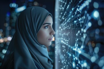 middle eastern woman in hijab analyzing big data on screen.