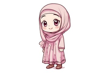 Wall Mural - Cute Cartoon Illustration of a Young Girl Wearing a Hijab