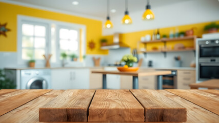 Wooden table top on blur kitchen room background, yellow kitchen room. Generative AI