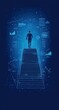 © Myimages - Business growth concept with a businessman climbing stairs against a blue background with various business icons. Represents upward career movement and success
