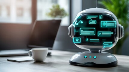 Poster - A futuristic AI robot with glowing interface icons on a desk