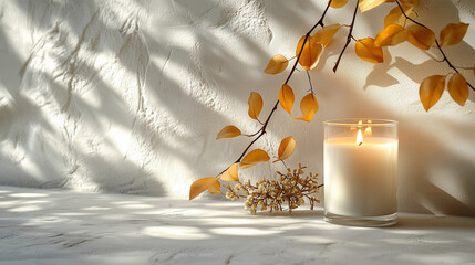 Cozy Autumn Setting With a Lit Candle and Golden Leaves Near a Textured Wall in Warm Light