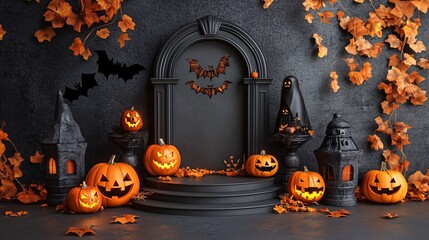 Spooky entrance adorned with glowing halloween pumpkins, lanterns, bats, and autumn leaves