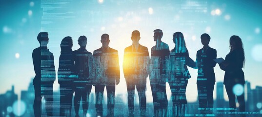 Group of business professionals in front of a digital backdrop.