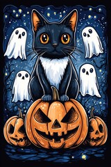 Poster - Spooky Cat on Jack-o'-Lantern with Ghosts