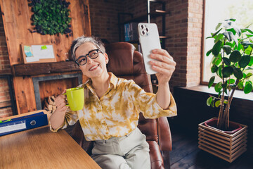 Canvas Print - Photo of lovely pensioner lady take selfie photo drink coffee dressed formalwear comfortable startup office loft room interior