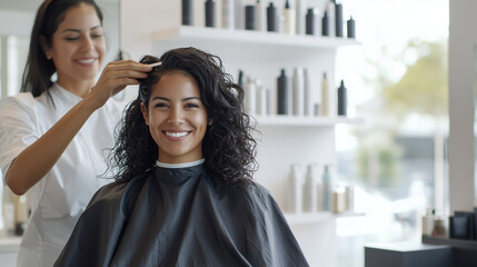 a hispanic hairdresser carefully styles a female client's hair in a modern beauty salon, with sleek 