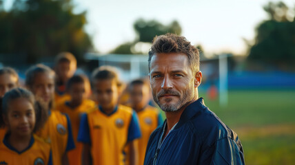 sports coach standing in front of children's football team on football field, training, competition, active lifestyle, section, school, kids, people, man, ball game