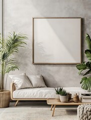 Poster - Minimalist living room interior mockup with blank canvas, sofa, coffee table, plants and sunlight