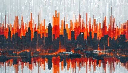 Poster - Vibrant cityscape infused with dynamic data streams and code, showcasing technologys evolution in urban life against a pixelated white backdrop with fiery hues