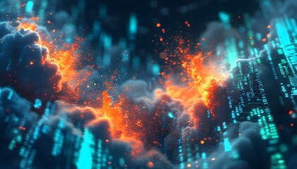 Wall Mural - Futuristic Data Visualizations in Glowing Teal and Orange with Cascading Code Elements and Depth-Enhancing Dust Clouds