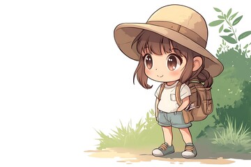 Poster - Cute chibi girl with backpack and hat, ready for adventure