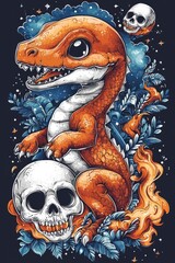 Canvas Print - Cute Dinosaur with Skulls and Fire