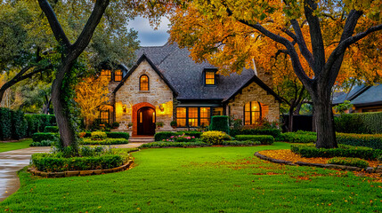 Beautiful Texas home with a lush yard, vibrant autumn foliage, and rich fall colors.