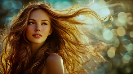 Wall Mural - Beautiful woman with stunning, flowing hair that catches the light perfectly.