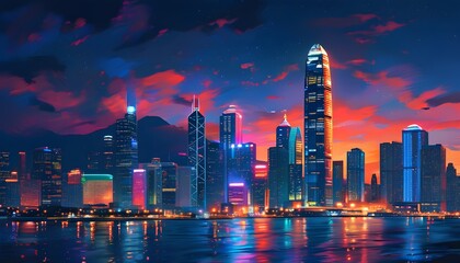 Wall Mural - vibrant digital illustration of a bustling metropolis at night illuminated by neon lights reflecting on sleek skyscraper glass facades