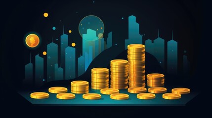 Wall Mural - Golden coins stacked in front of a city skyline, representing wealth and growth.