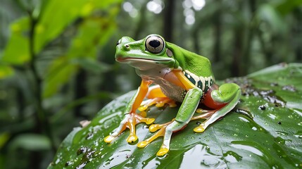 A vibrant green tree frog clinging to a wet leaf in a dense rainforest