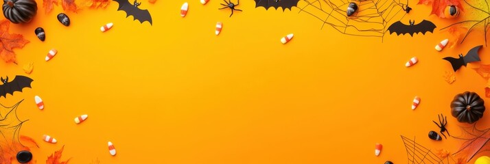 Wall Mural - Halloween-themed border with spooky spider webs, bats, and candy corn on an orange background Generative AI