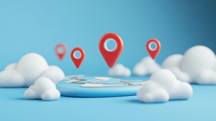 Wall Mural - 3D red location pin icons on blue background with clouds.