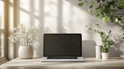 A laptop is on a desk with a potted plant and a vase