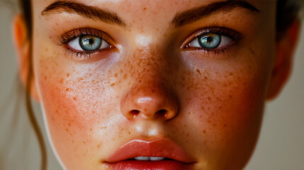 Canvas Print - Detailed close-up portrait of a young woman with clear, smooth skin and prominent freckles scattered across her nose.