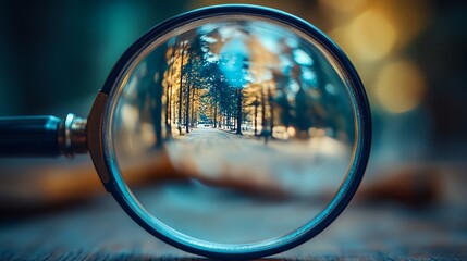 Wall Mural - A magnifying glass is used to look at a forest scene. The trees are in the foreground and the background is blurry