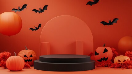 Wall Mural - Halloween-themed products with bats and pumpkins showcased on a black podium against an orange backdrop