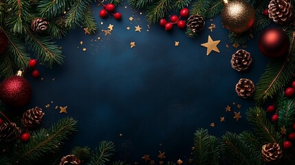 a blue background with a christmas tree and decorations. the decorations include a star, pine cones,