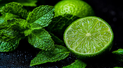 Sticker - Macro shot of fresh lime and mint leaves on a black background.