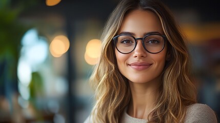 Wall Mural - A woman with long brown hair and glasses is smiling. She is wearing a white shirt and is standing in front of a plant