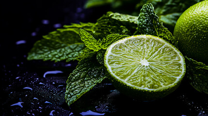 Sticker - Macro shot of fresh lime and mint leaves on a black background.