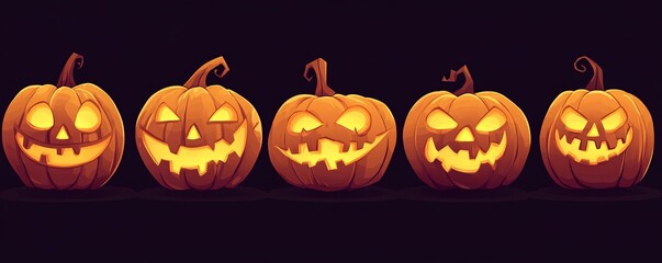 Five glowing halloween pumpkins making faces on a black background