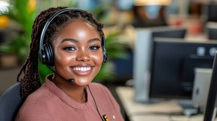 Wall Mural - A smiling woman wearing a headset in an office, AI