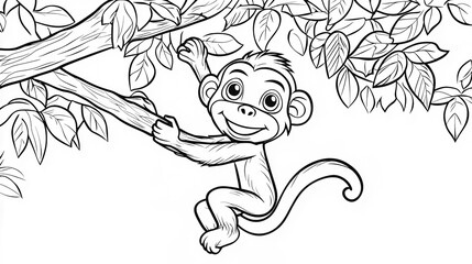 A playful monkey hanging from a tree branch, designed as a children's coloring book illustration.