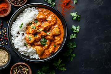 Wall Mural - Indian chicken with basmati rice in a bowl and spices on the black background. Space for text