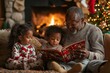 © Joaquin Corbalan - Grandfather reading a Christmas story to his grandchildren by a cozy fireplace decorated for the holidays