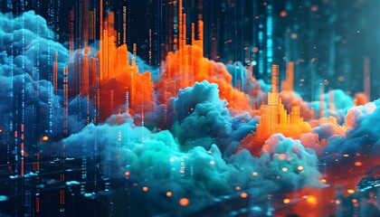 Canvas Print - captivating technology-inspired background with dynamic teal blue and orange red data visualizations intertwined with cascading digital code elements and subtle dust clouds