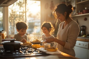 Mother preparing breakfast with her children in a sunny kitchen filled with warmth and delicious food during the morning hours