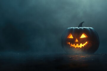 Halloween pumpkin with a glowing headlight in a dark, foggy background with space for text or design Halloween decoration concept Faint light from the front illuminates jack-o'-lantern Generative AI