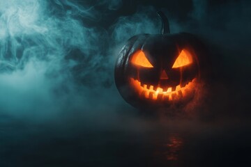 Halloween pumpkin head light glowing in the dark, foggy background with space for text or design  Halloween horror creature concept Generative AI