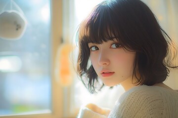 Canvas Print - Young Asian woman with short black hair looking at camera with soft light in the background