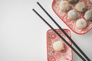 Japanese rice sweet dessert mochi in plate with white background