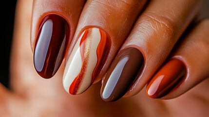 Wall Mural - Close-up of natural nails painted with simple autumn style gel polish