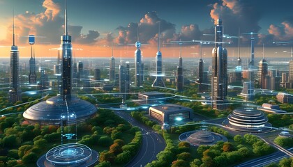 Wall Mural - Futuristic IoT-Enabled Smart Cityscape with High-Speed 5G Connectivity and Advanced Infrastructure Showcasing Urban Efficiency and Technological Integration