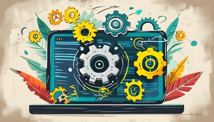 Illustration of a gear-driven machine embodying programming concepts, ideal for educational resources and technology blogs.