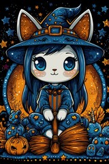 Sticker - Cute Witch Cat with Broom and Halloween Decor